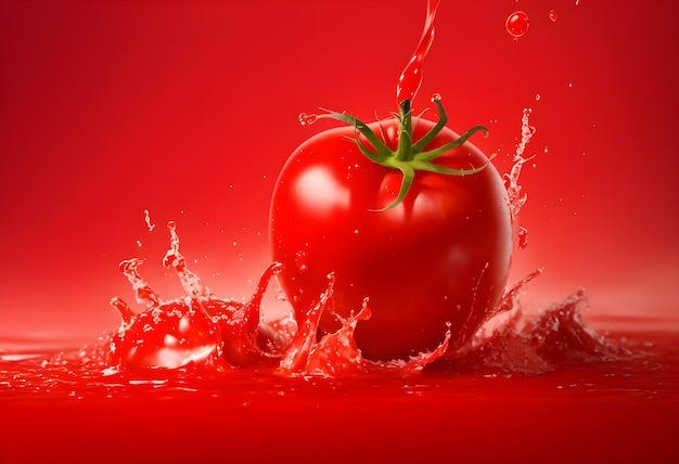 Tomate in einem Spritzer Tomatensaft, natürlicher Hintergrund, von der KI erzeugt