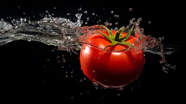 Tomate in einem Spritzer Wasser auf schwarzem Hintergrund. Hochwertiges frisches Bio-Gemüse