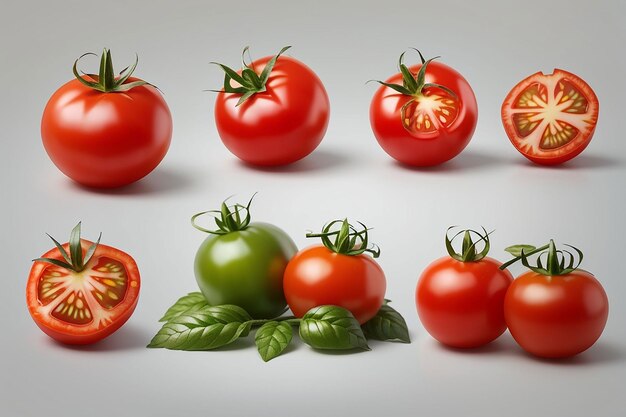 Tomate isolado tomate inteiro metade em fundo branco tomates com folhas de manjericão verde recorte