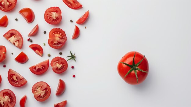 Un tomate maduro rodeado de algunas cuñas de tomate