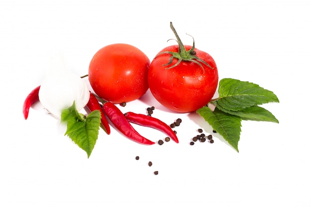 Tomate con pimienta y ajo en el fondo blanco, composición de tomates y opinión superior de las especias