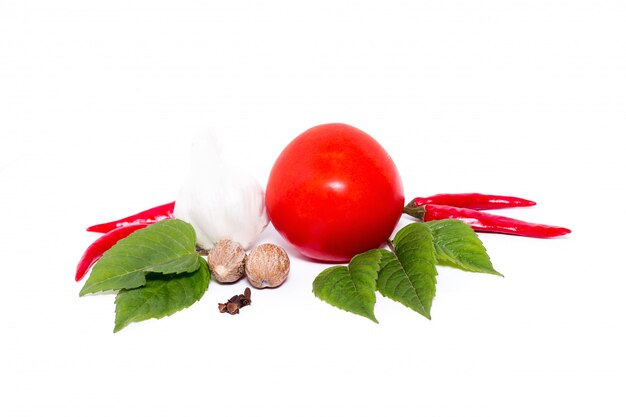 Tomate con pimienta y ajo en el fondo blanco, composición de tomates y opinión superior de las especias