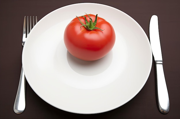 Un tomate en un plato con tenedor y cuchillo.