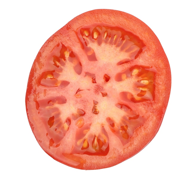Tomate de pueblo orgánico natural sobre fondo blanco solo medio tomate crudo aislado fondo trazado de recorte