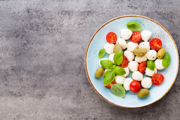 Tomate, queijo mussarela, manjericão e temperos em um prato