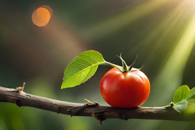 Un tomate en una rama con una hoja y el sol detrás