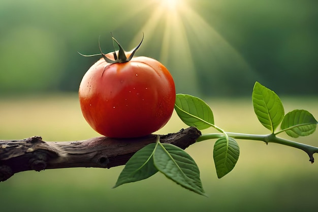 Un tomate en una rama con hojas verdes.