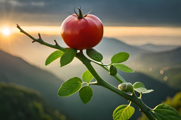 Un tomate en una rama con la puesta de sol detrás de él