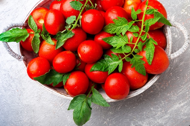 Tomate rojo en canasta gris