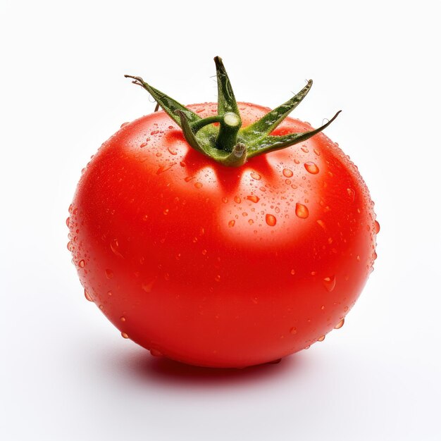 Tomate rojo fresco con gota de agua sobre fondo blanco