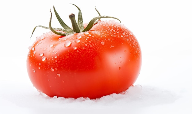 Tomate rojo fresco en la nieve blanca de cerca