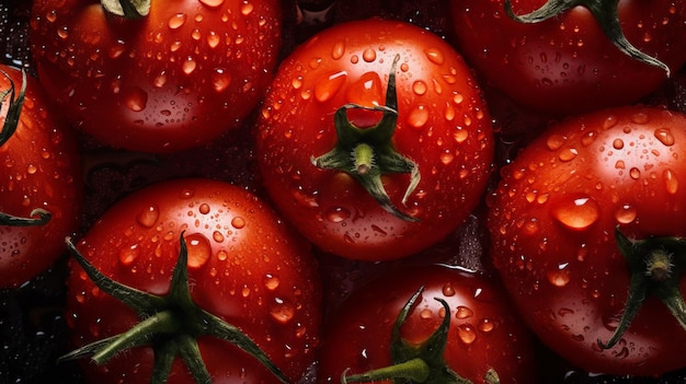 Tomate rojo maduro en primer plano con gotas de agua fotografía de alimentos