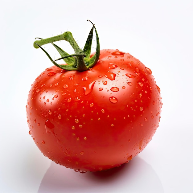 Un tomate rojo vibrante con gotas de agua relucientes.