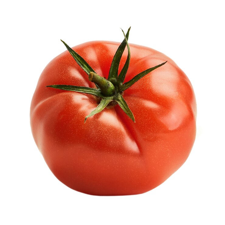 Tomate rosado jugoso fresco aislado en un fondo blanco. La cosecha de este año.