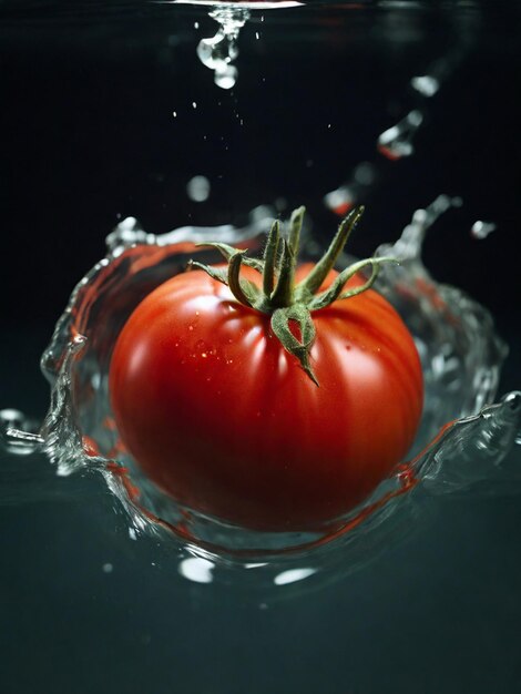 un tomate salpicando en el agua con un salpico de agua