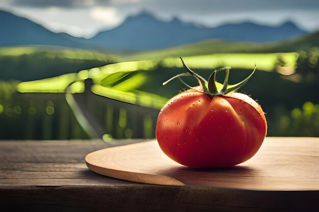 Un tomate sobre una mesa de madera con un fondo borroso de un paisaje montañoso verde.