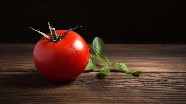 Un tomate sobre una mesa de madera con una ramita de albahaca