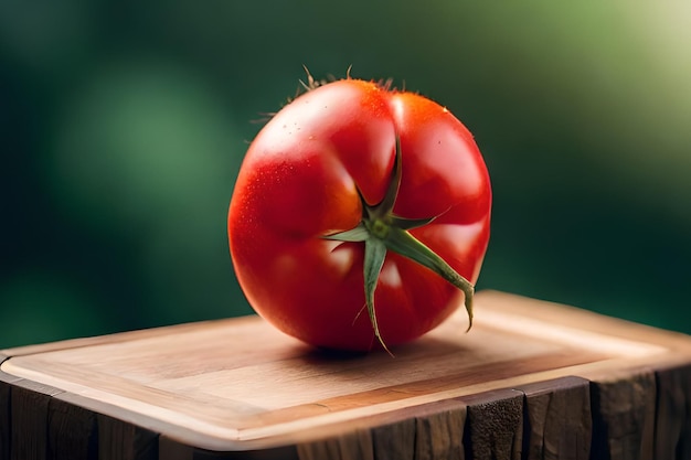 Un tomate en una tabla de cortar de madera.