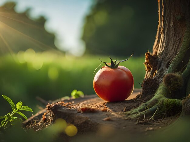 Un tomate en un tocón en un campo