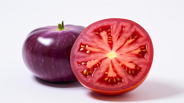 un tomate y un tomate morado sobre una superficie blanca