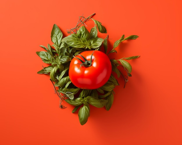 Tomate und Basilikum auf orangefarbenem Hintergrund