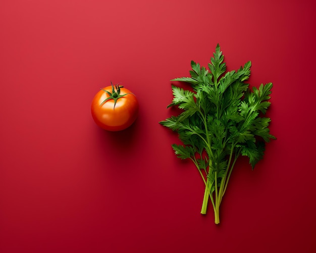 Tomate und Petersilie auf rotem Hintergrund