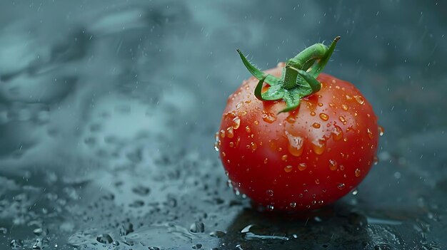Tomate vermelho com gotas de água em fundo azul escuro Foto realista