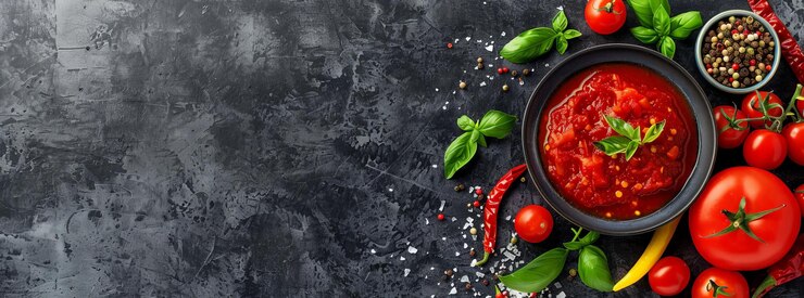 Tomate vibrante y fondo de salsa roja con espacio para subtítulos de texto Concepto de maqueta de publicidad