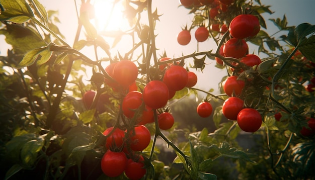 Tomaten an der Rebe, hinter denen die Sonne scheint