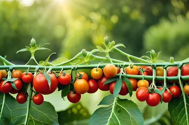 Tomaten an einer Rebe mit grünen Blättern und der Sonne, die darauf scheint.