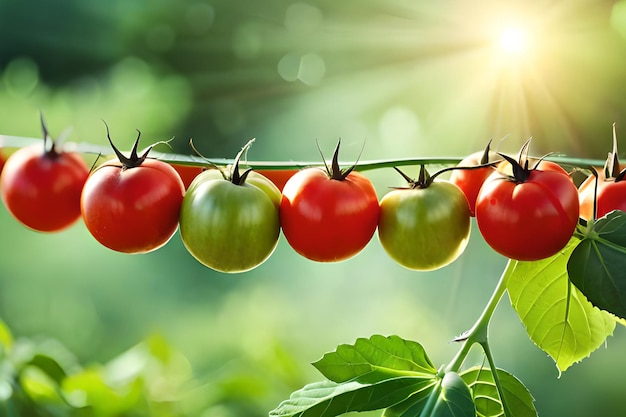 Tomaten an einer Rebe mit grünen Blättern