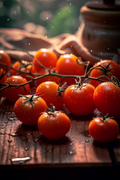 Tomaten an einer Rebe mit Wassertropfen darauf