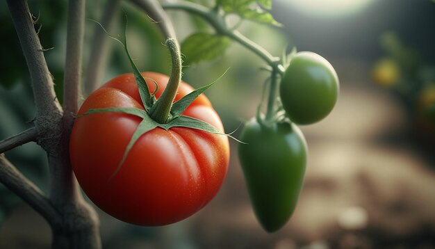 Tomaten auf einem Ast in einem Gewächshaus Generative KI