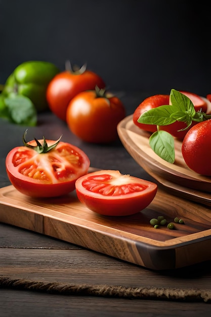 Tomaten auf einem Holzbrett mit grünen Basilikumblättern an der Seite