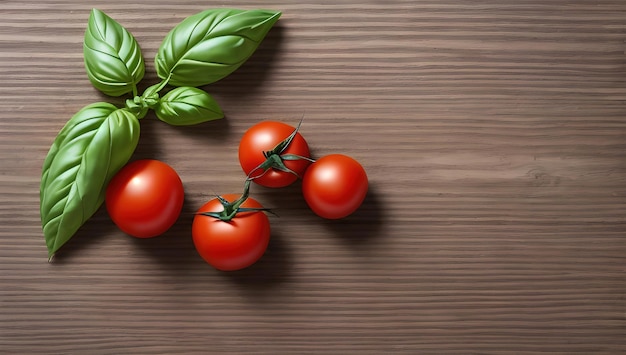 Foto tomaten auf einem holztisch mit basilikumblättern