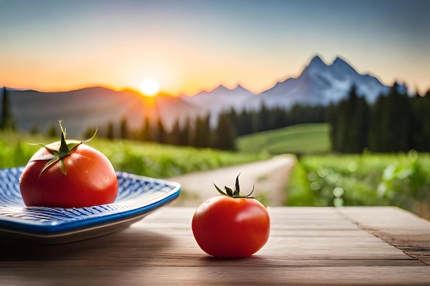 Tomaten auf einem Holztisch mit Bergen im Hintergrund