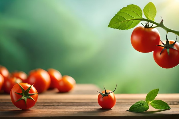 Tomaten auf einem Tisch mit grünen Blättern und grünem Hintergrund