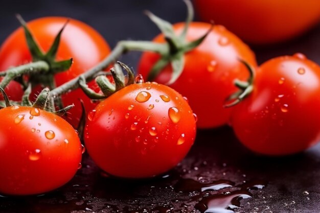 Tomaten auf schwarzem Hintergrund mit Wassertröpfchen