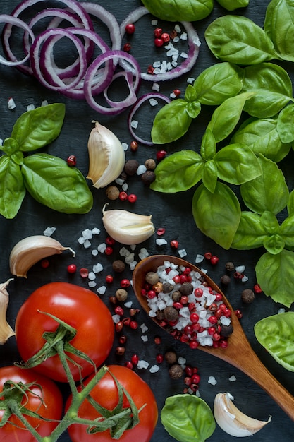 Tomaten-Basilikum-Knoblauch und Gewürze auf einer Steintabelle