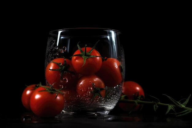 Tomaten frisch im Glas minimalistischer Stil auf schwarzem Hintergrund Generative KI