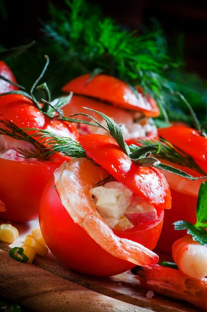 Tomaten gefüllt mit Garnelenfleisch und Mais auf einem selektiven Fokus der Holzplatte