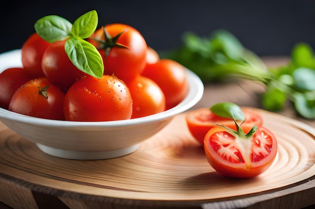 Tomaten in einer Schüssel neben zwei Tomatenscheiben