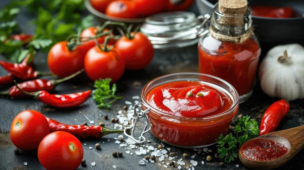 Tomaten-Ketchup-Püree mit Chili-Pfeffer, Tomaten und Knoblauch