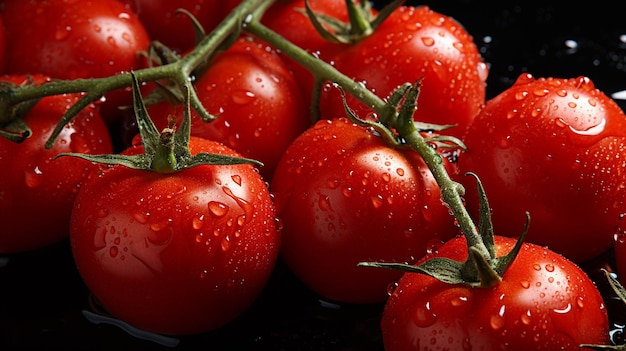 Tomaten mit Wassertropfen darauf auf einer schwarzen, generativen Oberfläche