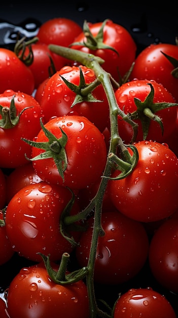 Tomaten sind in einer schwarzen Schüssel mit Wassertropfen auf ihnen generativer KI