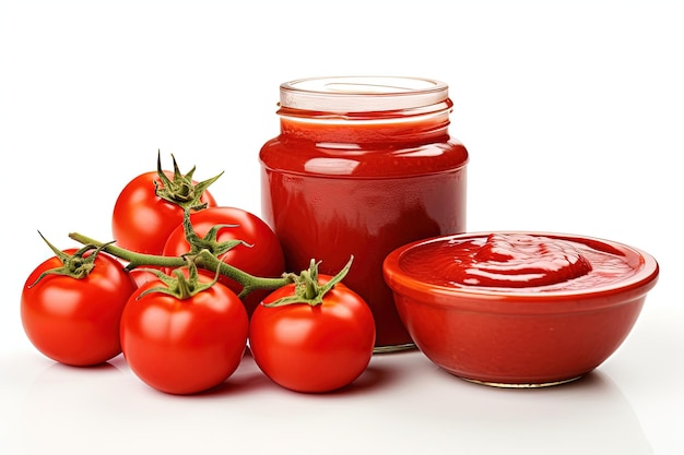 Tomaten-Tomatenmark-Glas und Schüssel isoliert auf weiß