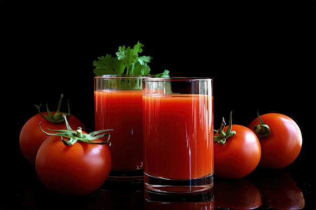 Tomaten und ein Glas Tomatensaft auf einem Tisch generativer AI