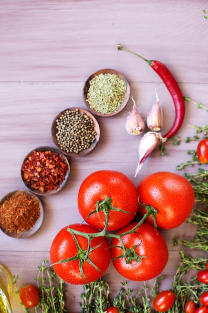 Tomaten und Gewürze. Draufsicht.