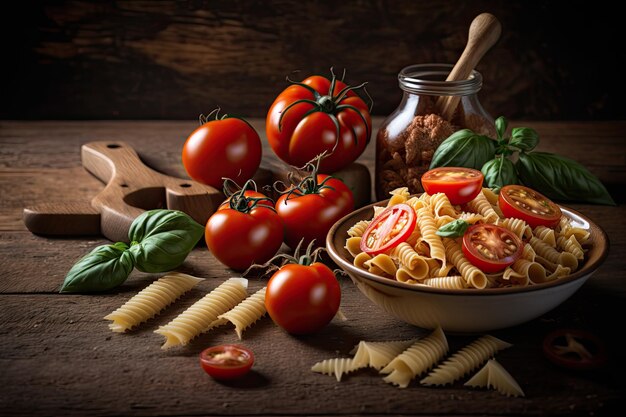 Tomaten und Nudeln auf einem Holztisch