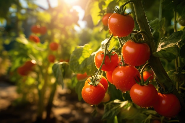 Tomaten wachsen am sonnigen Tag im Gemüsegarten